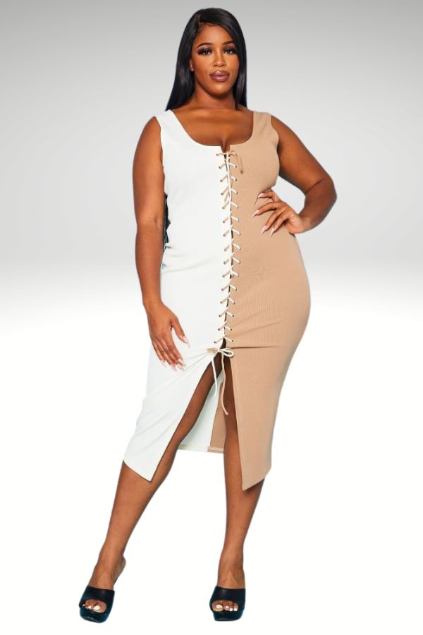 No Rest Ribbed Two Tone Lace Up Midi Dress